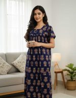 Front Open Cotton Nighty With Buttons, 57 Inches Long - Blue