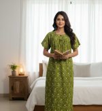 Traditional cotton nighty, 55 Inches Long -Green