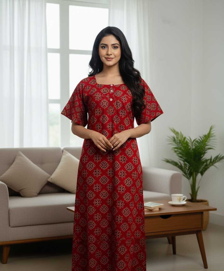 Gemini_Generated_Image_vppss0vppss0vpps Front Open Cotton Nighty With Buttons, 57 Inches Long - Red - Image 1