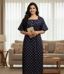 Front Open Cotton Nighty With Buttons, 57 Inches Long - Blue