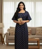 Front Open Cotton Nighty With Buttons, 57 Inches Long - Blue