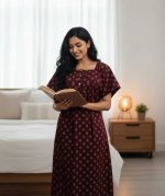 Front Open Cotton Nighty With Buttons, 57 Inches Long - Maroon