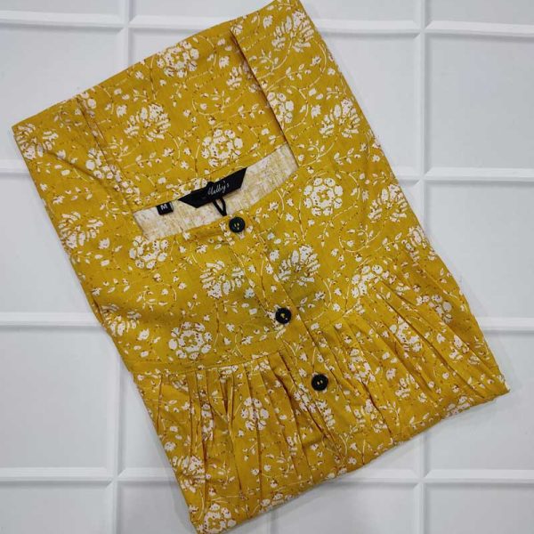 Front Open Cotton Nighty With Buttons, 55 Inches Long -  Yellow