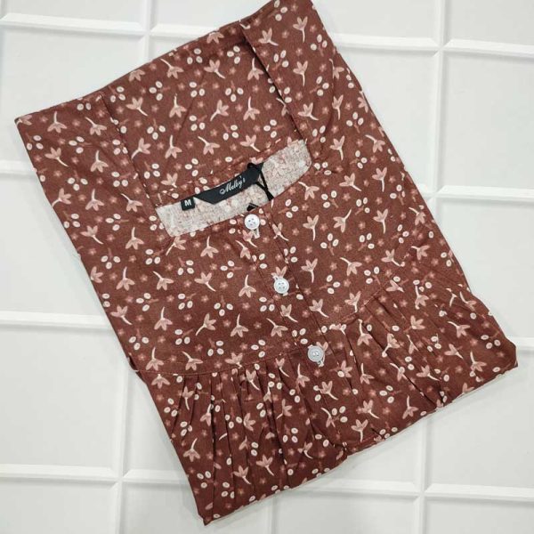 Front Open Cotton Nighty With Buttons, 55 Inches Long -  Brown