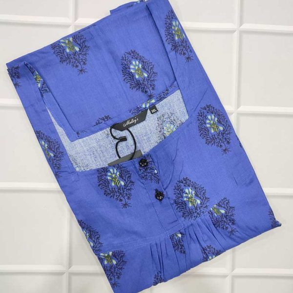 Comfortable Front Open Cotton Nighty With Buttons- 57 inches long - Blue