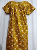 Front Open Cotton Nighty With Buttons, 55 Inches Long - Yellow - Image 2