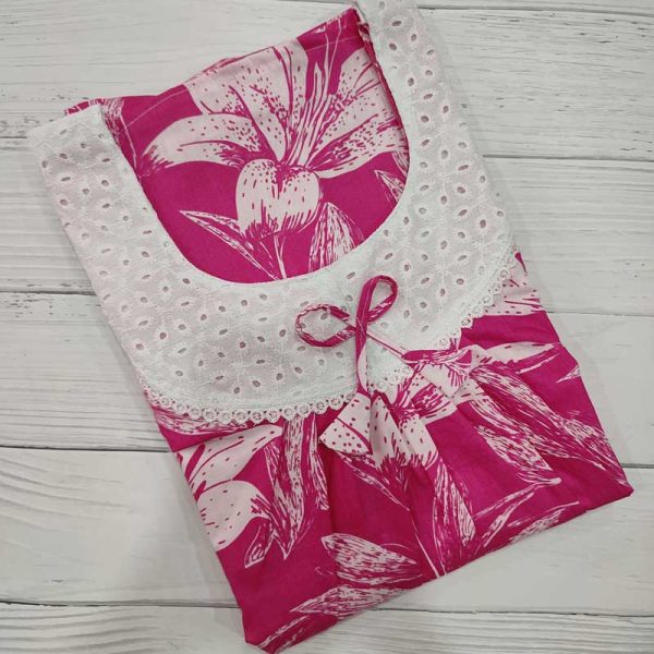 Comfortable cotton nighty with round neck -55 inches long - Rose