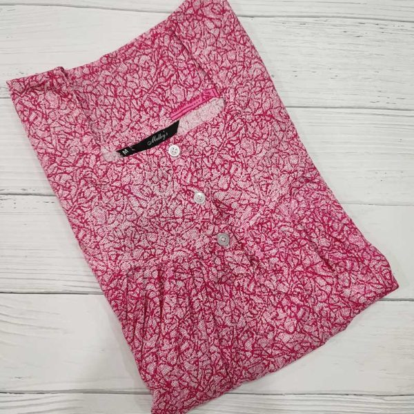 Front Open Cotton Nighty With Buttons, 55 Inches Long - Rose