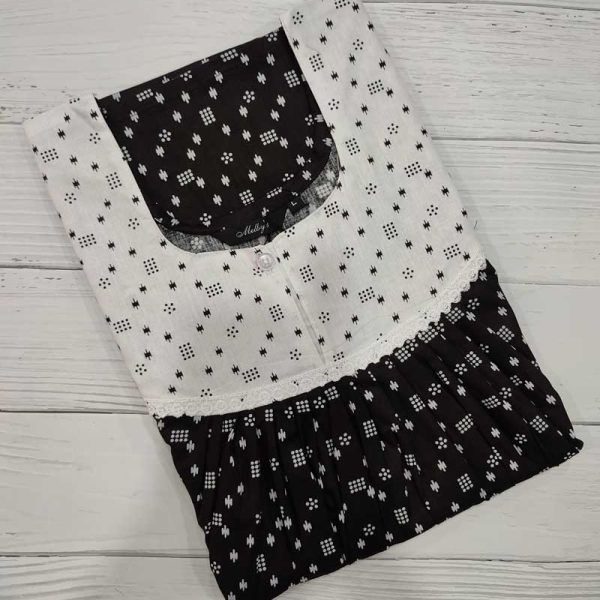 Front Open Cotton Nighty With Buttons, 55 Inches Long -  Black