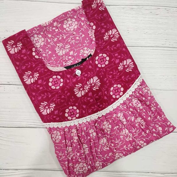 Front Open Cotton Nighty With Buttons, 55 Inches Long -  Rose