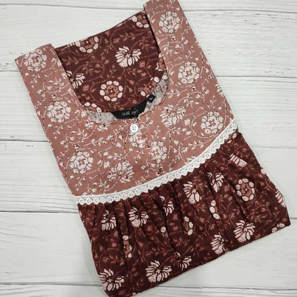 Front Open Cotton Nighty With Buttons, 55 Inches Long -  Brown