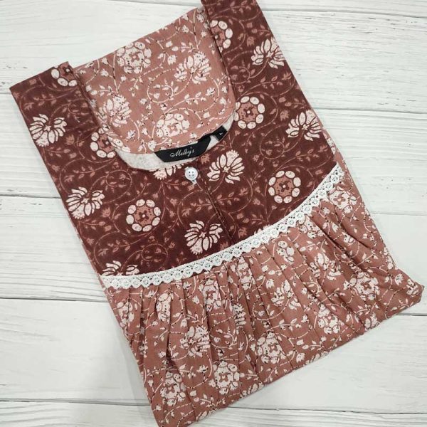 Front Open Cotton Nighty With Buttons, 55 Inches Long -  Brown