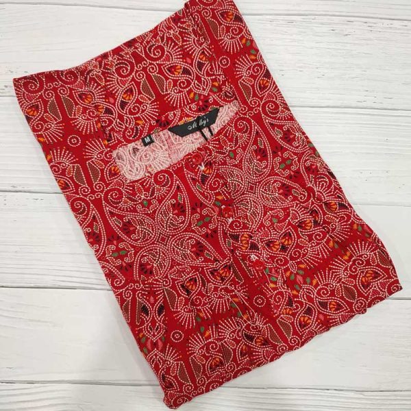 Front Open Cotton Nighty With Buttons, 55 Inches Long - Red