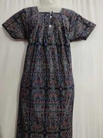 Front Open Cotton Nighty With Buttons, 55 Inches Long - Blue - Image 2