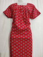 Front Open Cotton Nighty With Buttons, 57 Inches Long - Red - Image 3