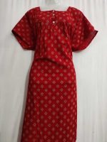 Front Open Cotton Nighty With Buttons, 57 Inches Long - Red - Image 2