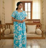 Traditional cotton nighty, 55 Inches Long - Blue - Image 2