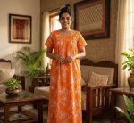 Front Open Cotton Nighty With Buttons, 55 Inches Long - Orange - Image 2