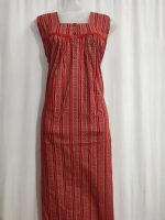 Front Open Cotton Sleeveless Nighty With Buttons, 55 Inches Long - Red - Image 4