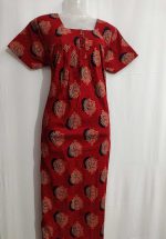 Front open Ajrak cotton nighty, 55 Inches Long - Red - Image 4