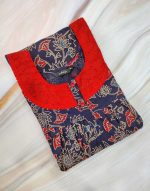 Front Open Cotton Nighty With Buttons, Hakoba yoke, Cotton Ajrakh fabric, 55 Inches Length - Dark Blue Colour - Image 3