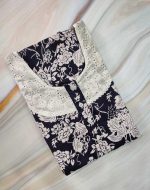 Comfortable Churidar Model Cotton Nighty, Hakoba yoke - 57 Inches Long - Blue - Image 3