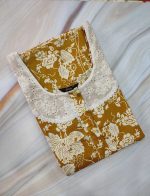 Comfortable Churidar Model Cotton Nighty, Hakoba yoke - 57 Inches Long - Yellow - Image 3