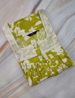 Front Open Cotton Nighty With Buttons, Hakoba yoke, 55 Inches Length - Green Colour - Image 3