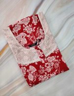 Comfortable Churidar Model Cotton Nighty, Hakoba yoke - 57 Inches Long - Red - Image 3