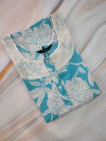 Comfortable Churidar Model Cotton Nighty, Hakoba yoke - 55 Inches Long -Blue Colour - Image 3