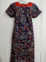 Front Open Cotton Nighty With Buttons, Hakoba yoke, Cotton Ajrakh fabric, 55 Inches Length - Dark Blue Colour - Image 4