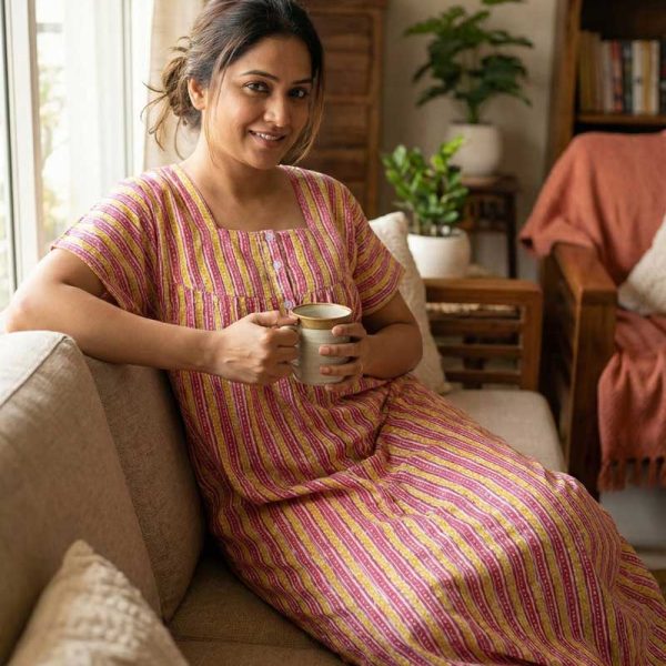 Front Open Cotton Nighty With Buttons, 55 Inches Long