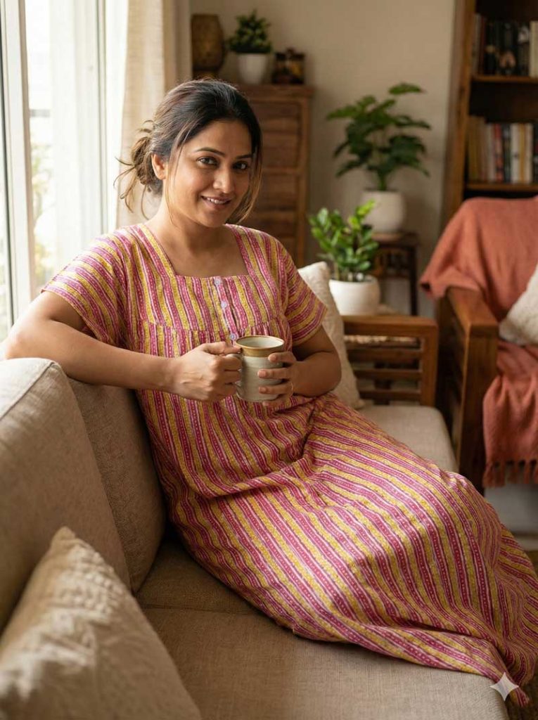 - Front Open Nighty With Pleats Stitching