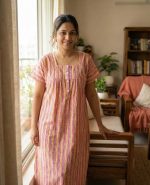 Front Open Cotton Nighty With Buttons, 55 Inches Long - Image 2