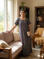 Comfortable Front Open Cotton Nighty With Buttons- 57 inches long - Blue - Image 2