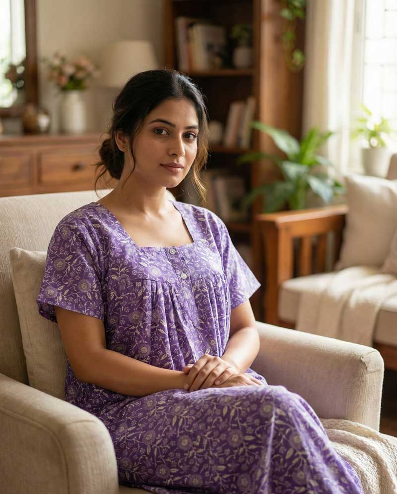 IMG_6895 Front Open Cotton Nighty With Buttons, 55 Inches Long - Violet - Image 1