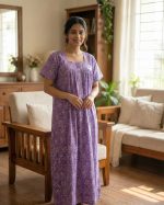 Front Open Cotton Nighty With Buttons, 55 Inches Long - Violet - Image 2