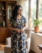 Front Open Cotton Nighty With Buttons, 55 Inches Long - Green - Image 2