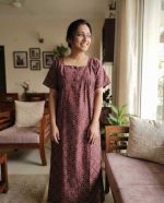 Comfortable Front Open Cotton Nighty With Buttons- 57 inches long - Maroon - Image 2