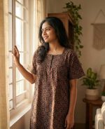 Comfortable Front Open Cotton Nighty With Buttons- 57 inches long - Black - Image 2