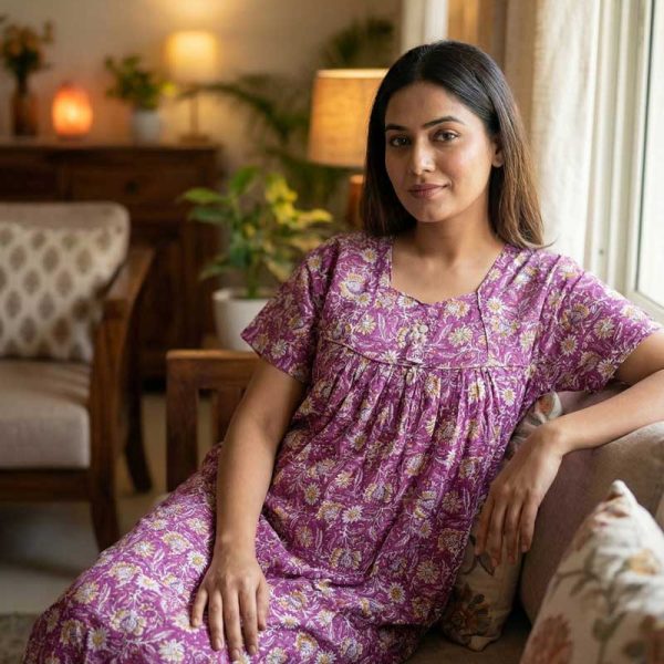 Traditional cotton nighty, 55 Inches Long - Magenta