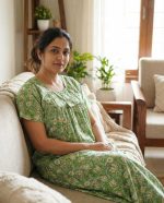 Traditional cotton nighty, 55 Inches Long - Green