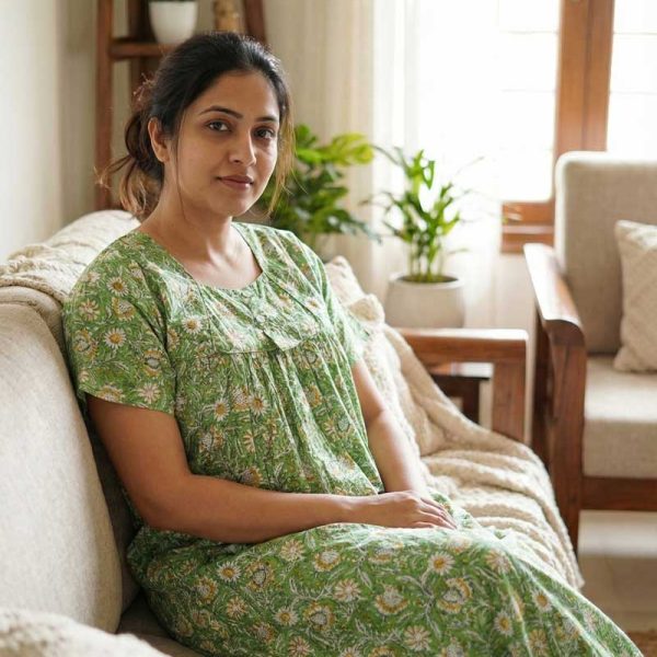 Traditional cotton nighty, 55 Inches Long - Green