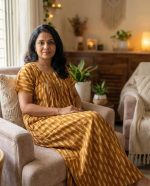 Front Open Cotton Nighty With Buttons, 55 Inches Long - Yellow