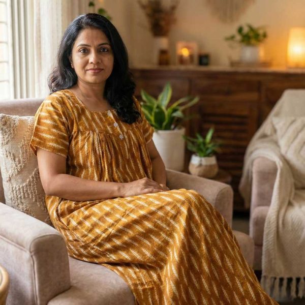 Front Open Cotton Nighty With Buttons, 55 Inches Long - Yellow