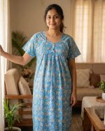 Traditional cotton nighty, 55 Inches Long - Blue - Image 2