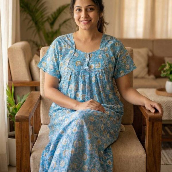 Traditional cotton nighty, 55 Inches Long - Blue