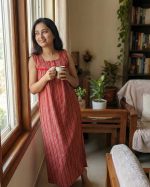 Front Open Cotton Sleeveless Nighty With Buttons, 55 Inches Long - Red - Image 2