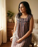 Front Open Cotton Sleeveless Nighty With Buttons, 55 Inches Long - Blue