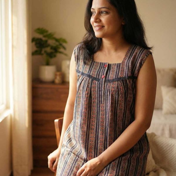 Front Open Cotton Sleeveless Nighty With Buttons, 55 Inches Long - Blue